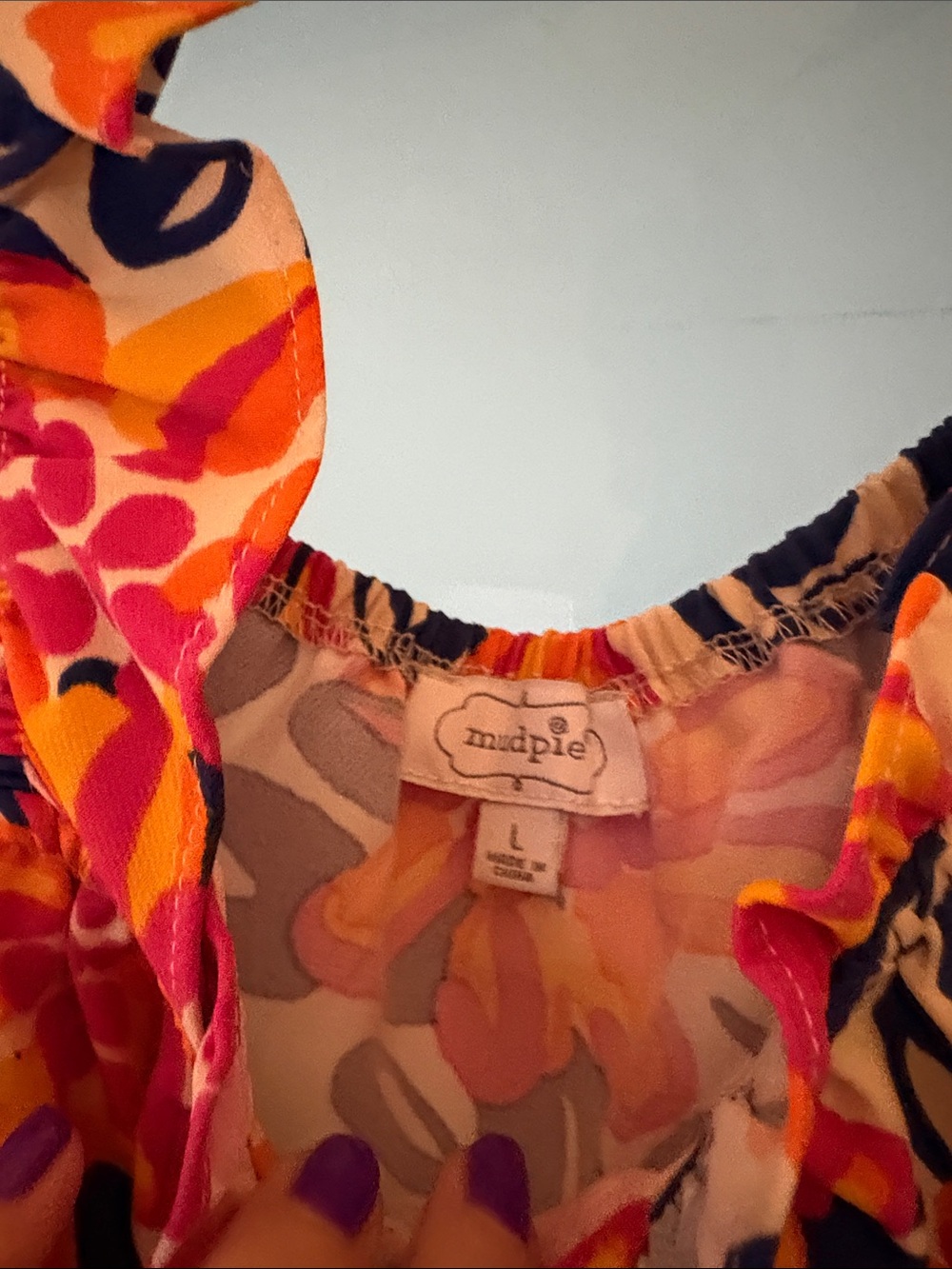 Mud Pie Floral Ruffle-Strap Tank Top — Pink, Orange & Navy - Picture 2 of 3
